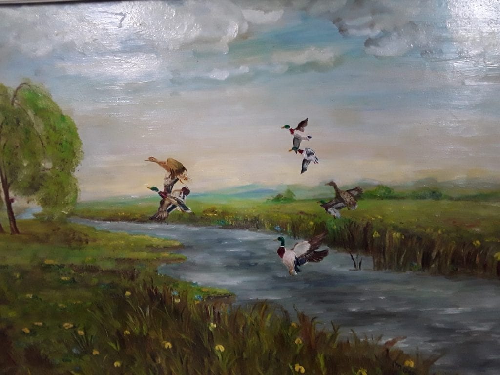 Oil painting featuring ducks